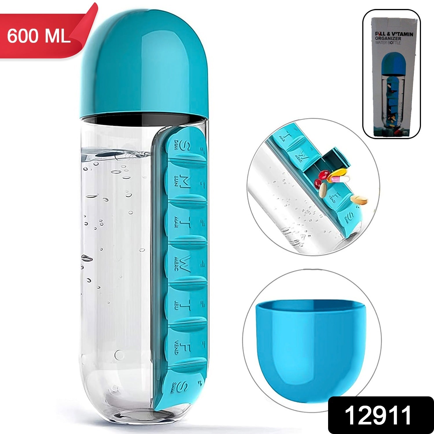Multi-Use Pill & Water Bottle for Travel (600 Ml, Mix Color) view 2